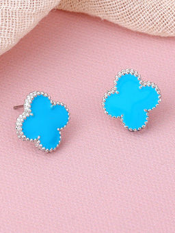 Estele - Rhodium Plated Trendy Four Leaf Clover Style Blue Enamel Stud Earrings