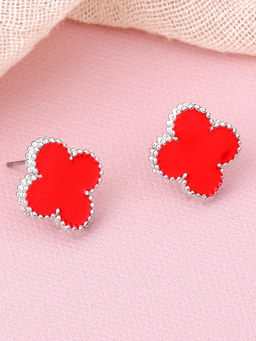 Estele - Rhodium Plated Trendy Four Leaf Clover Style Red Enamel Stud Earrings