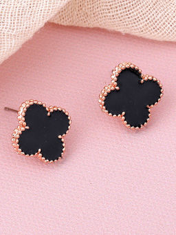 Estele - Rose Gold Plated Trendy Four Leaf Clover Style Black Enamel Stud Earrings