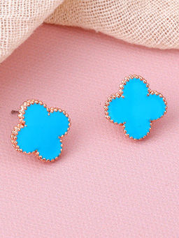 Estele - Rose Gold Plated Trendy Four Leaf Clover Style Blue Enamel Stud Earrings