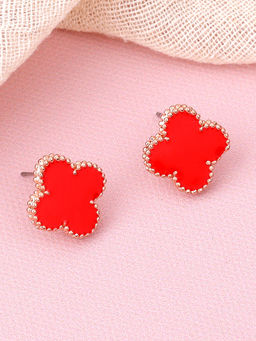 Estele - Rose Gold Plated Fancy Four Leaf Clover Style Red Enamel Stud Earrings