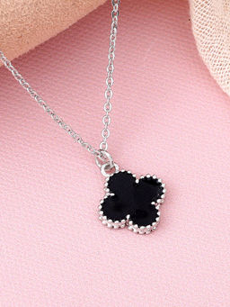 Estele - Rhodium Plated Four Leafy Style Clover Black Enamel Necklace