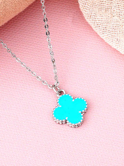 Estele - Rhodium Plated Four Leaf Clover Designer Blue Enamel Necklace