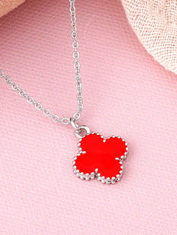 Estele - Rhodium Plated Four Leaf Clover Designer Red Enamel Necklace