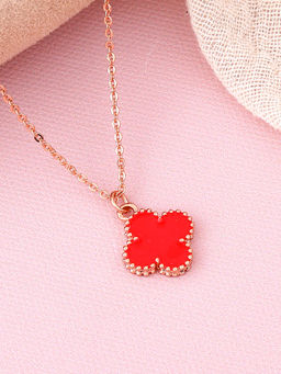 Estele - Rose Gold Plated Four Leaf Clover Designed Red Enamel Necklace