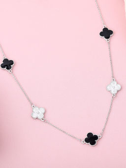 Estele - Rhodium Plated Four Leaf Clover Design Black Enamel Long Pendant Necklace