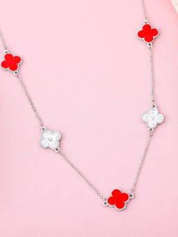 Estele - Rhodium Plated Four Leaf Clover Design Red Enamel Long Pendant Necklace
