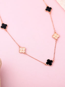 Estele - Rose Gold Plated Four Leaf Clover Design Black Enamel Long Pendant Necklace