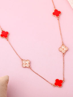 Estele - Rose Gold Plated Four Leaf Clover Design Red Enamel Long Pendant Necklace
