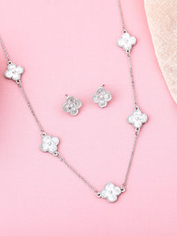 Estele - Rhodium Plated Four Leaf Clover Design Necklace with Earrings
