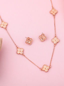 Estele - Rose Gold Plated Four Leaf Clover Design Necklace with Earrings