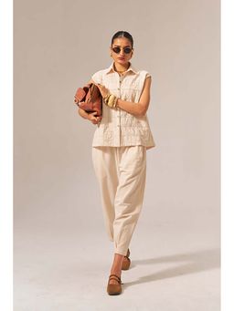 SPACE - Oversized Kala Beige Cotton Sleeveless Shirt And Elasticated Pant