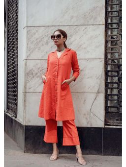 Sutra Art of Clothing - Women Orange Notched Lapel Solid Co-Ord Set