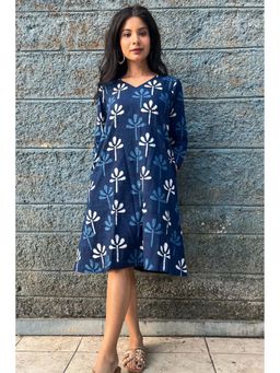 Sutra Art of Clothing - Block Print Indigo Knee Length Dress