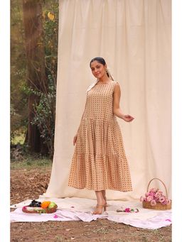 Sutra Art of Clothing - Polka Block Print Cotton Beige Midi Dress