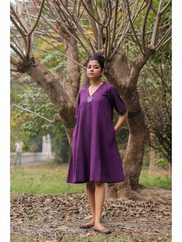 Sutra Art of Clothing - Plum Cotton Butterfly Floral Embroidered Knee Length Dress
