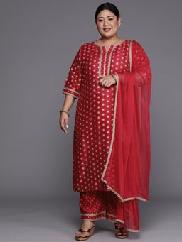 Extra love by Libas - Plus Size Women Pink Printed Silk Blend Straight Kurta Sets for Women