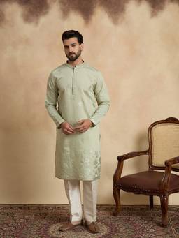 ETHNIC BAY - Mens Green Silk Blend Solid Embroidered Kurta