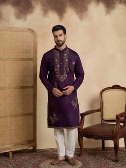 ETHNIC BAY - Mens Violet Silk Blend Solid Embroidered Kurta