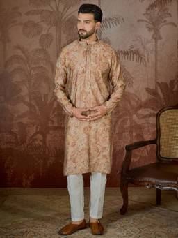 ETHNIC BAY - Mens Beige Silk Blend Floral Printed Kurta