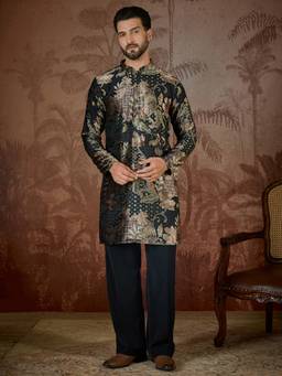 ETHNIC BAY - Mens Black Velvet Floral Printed Kurta