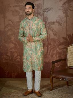 ETHNIC BAY - Mens Green Silk Blend Printed Kurta