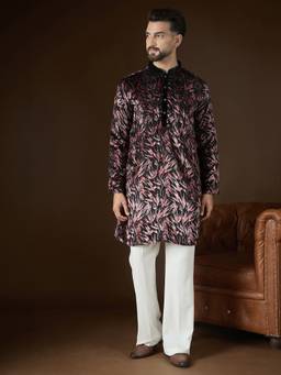 ETHNIC BAY - Mens Black Velvet Printed Kurta