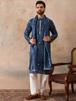 ETHNIC BAY - Mens Blue Silk Blend Printed Kurta with Dupatta