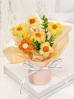 Ekhasa - Yellow Cherry Blossom Crochet Bouquet with Potted | Woolen Flowers for Gifting
