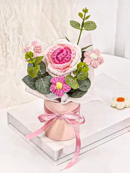 Ekhasa - Pink with White Crochet Flowers Bouquet with Potted Handmade Flower Small Size