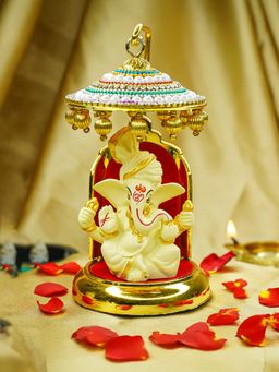 Ekhasa - Ganesh Idol for Car Dashboard with Umbrella - Ganpati & Vinayak Statue (Ivory)