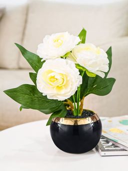 Ekhasa - White Rose Artificial Flowers with Ceramic Pot for Home & Office Decor