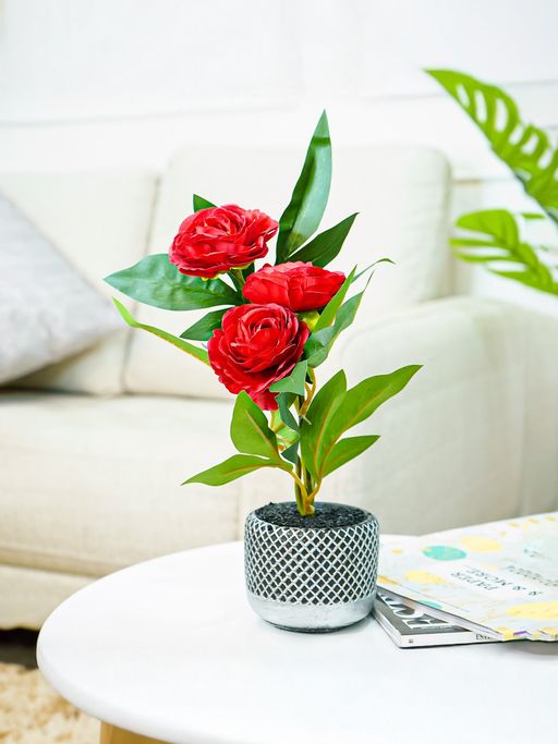 Ekhasa Artificial Red Rose Flowers with Cement Vase Pot for Home & Office Decor