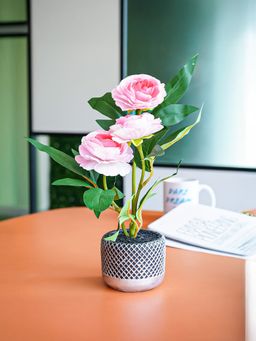 Ekhasa - Artificial Pink Rose Flowers with Cement Vase Pot for Home & Office Decor