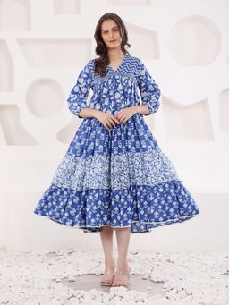 SAVI - Blue Cotton Lurex A Line Detailed Dress