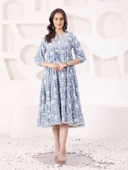 SAVI - Blue Cotton Printed Tiered Dress