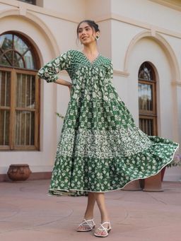 SAVI - Green Cotton Lurex A Line Detailed Dress