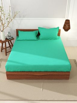BIANCA - Cotton XL Fitted Bedsheet with 2 Pillow Covers Geometric Green (King)