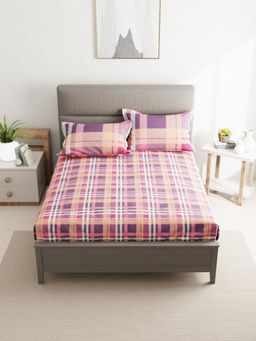 BIANCA - Cotton Double Bedsheet with 2 Pillow Covers Checks Coral Pink (Queen)