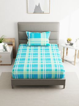 BIANCA - Cotton Bedsheet with 1 Pillow Cover Checks Turquoise (Single)