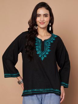 Zamour - Women's Black Pure Cotton Kashmiri Embroidered Kurti