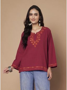 Zamour - Women's Maroon Pure Cotton Kashmiri Embroidered Kurti