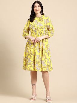 A&K - Women Yellow Floral Printed Crew Neck Fit and Flared Ethnic Dress