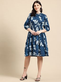 A&K - Women Blue Floral Printed Crew Neck Fit and Flared Ethnic Dress