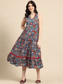 A&K - Women Grey Floral Printed Tiered A-Line Ethnic Dress