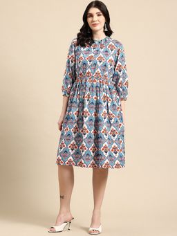 A&K - Women Blue Floral Printed Crew Neck Fit and Flared Ethnic Dress