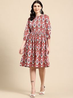 A&K - Women Orange Floral Printed Crew Neck Fit and Flared Ethnic Dress