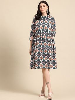 A&K - Women Green Floral Printed Crew Neck Fit and Flared Ethnic Dress