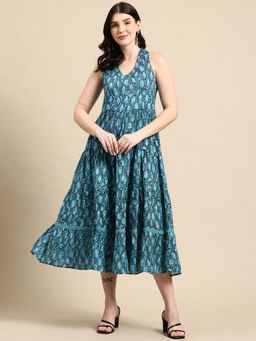 A&K - Women Green Geometric Printed Tiered A-Line Ethnic Dress