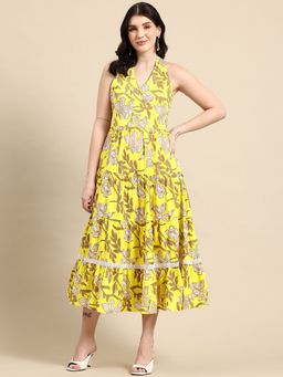 A&K - Women Yellow Floral Printed Tiered A-Line Ethnic Dress